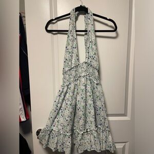 AERIE floral cotton dress backless halter size L elastic waist ruffle hem